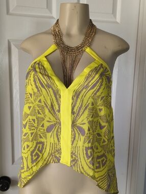 bebe Neon Yellow & Gray Abstract Halter Camisole/ Top